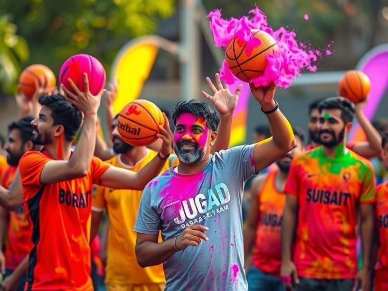 Jugaad Basket Jam - Holi Celebration Special Event Jugaad Basket Jam Holi event with players covered in colors